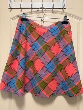 Vintage Plaid A-Line Skirt in Coral, Blue & Olive. Trevira.